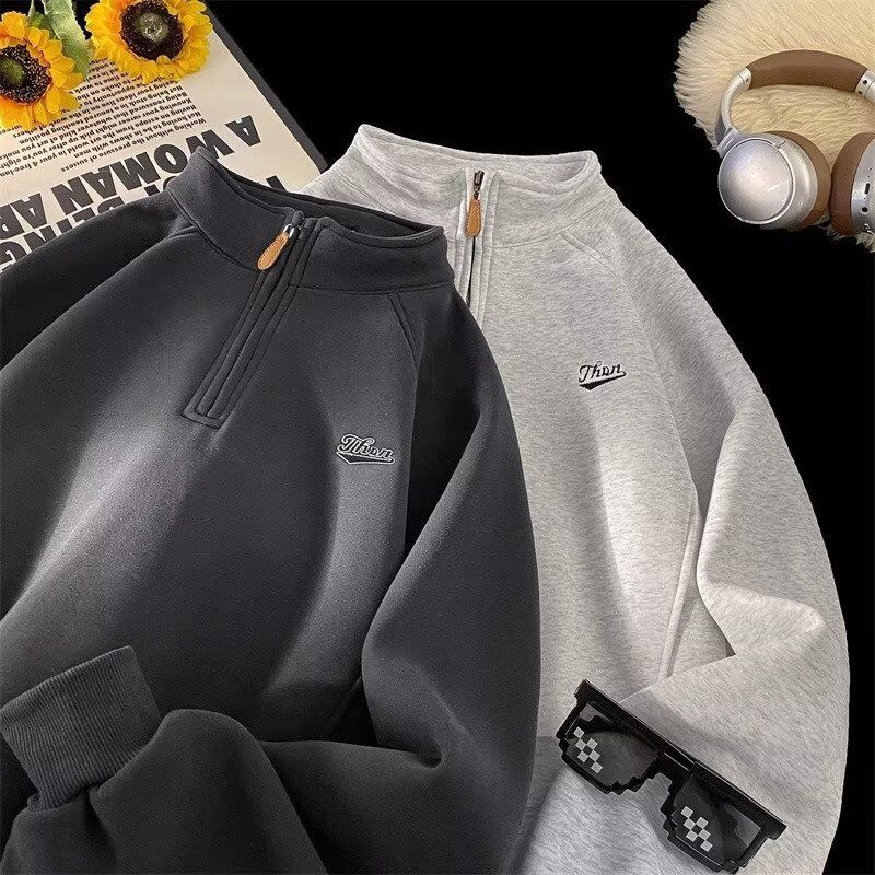Novo moletom cinza minimalista com gola alta para homens, estilo street hooligans e uma linda jaqueta tipo pulôver com zíper_voghion.com