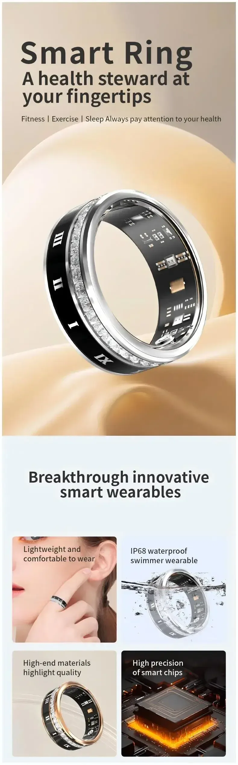 Diamant mit magnetischen Schnelllade-Smart-Ringen, Blutsauerstoff-/Herzfrequenz-/Schlafüberwachung, IP68 5ATM, Sport-GPS-Tracking-Ringe_voghion.com