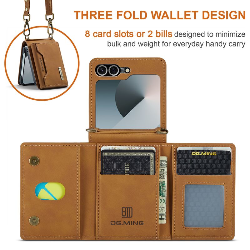Custodia pieghevole M2 per Samsung Z Flip6 Custodia per telefono con portafoglio per carte Custodia protettiva in pelle con tracolla Z Flip6_voghion.com