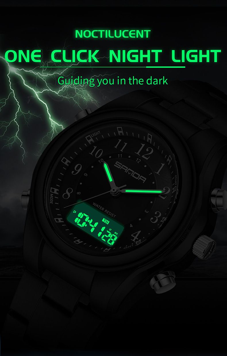 Montre à quartz pour homme à double affichage, bracelet en acier inoxydable, multifonction, lumineuse et étanche. Montre tendance et décontractée._voghion.com