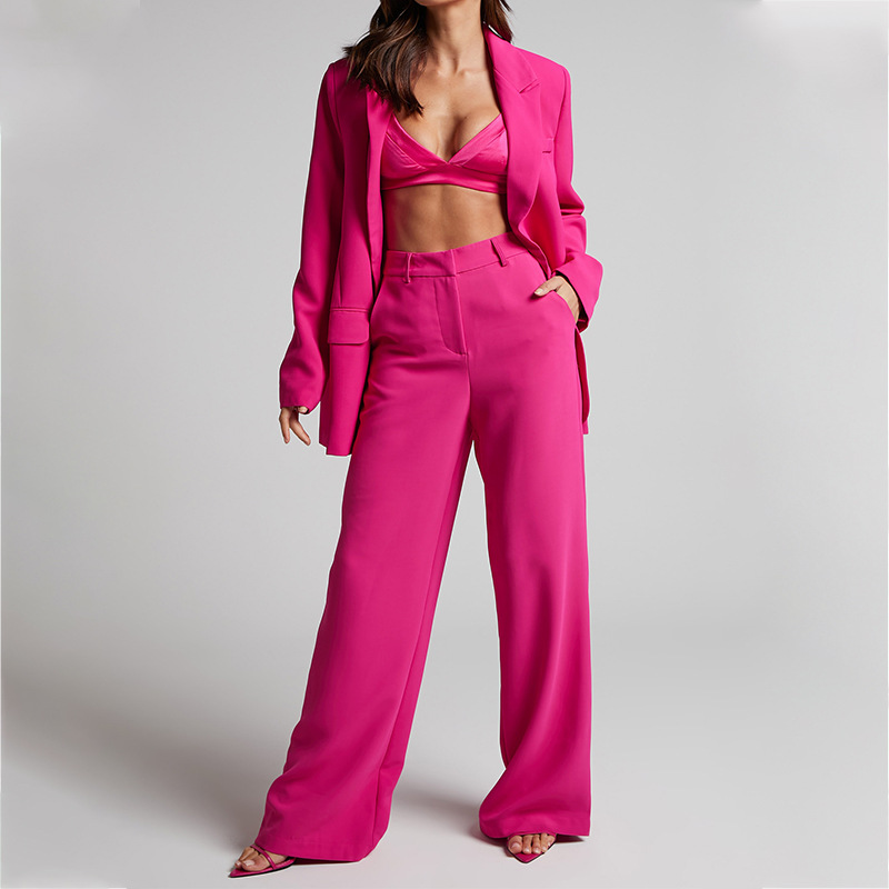 Pantaloni larghi da donna a gamba larga a vita alta a maniche lunghe con risvolto casual, due pezzi_voghion.com