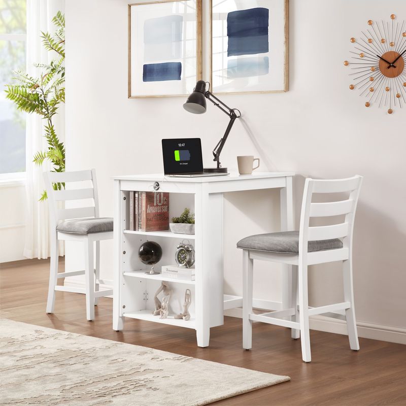36" Modern Dining Table Set For 2 With Charging Station & 3-Tier Adjustable Storage | Space-Saving Kitchen Set With Upholstered Chairs For Small Spaces, Apartment,White_voghion.com