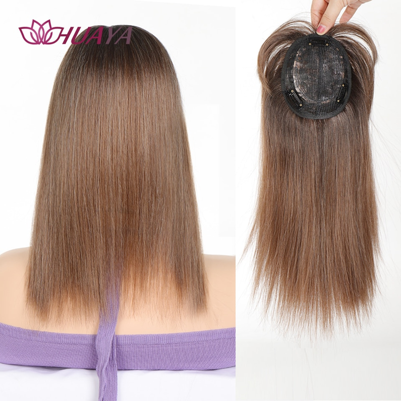 Synthetische lange gerade Topper-Perücke in Extensions, natürliches, flauschiges Kunsthaarteil mit Pony-Clip, Schwarzbraun_voghion.com