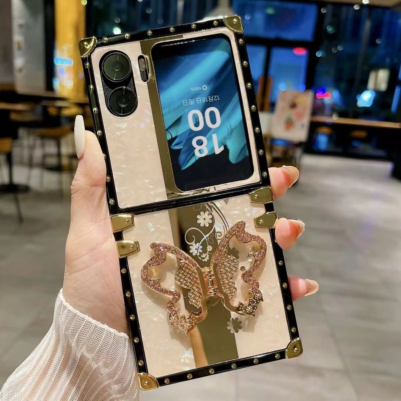 For Oppo N2 Flip Luxury Cute Square Shell Butterfly Flower Diamond Ring Stand Holder Phone Case Cover_voghion.com