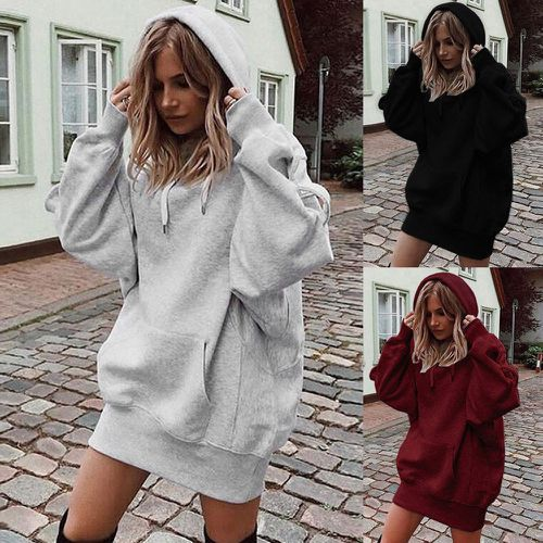 Women's solid color hooded loose long-sleeved padded women's sweatshirt_voghion.com