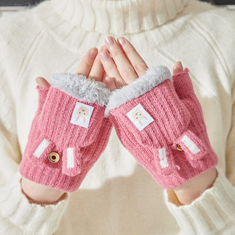Kinderhandschuhe, Kinder-Winterhandschuhe, Damen-Doppelschicht, 6 bis 14 Jahre alt, Studentin, warm, plus Fleece, verdickter Flip-Halbfinger_voghion.com