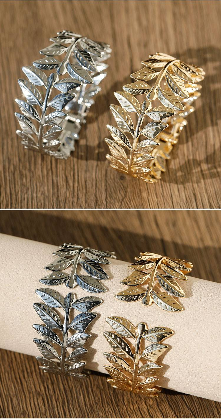 Pulseira de metal com folha oca aberta, estilo europeu e americano, personalidade da moda, pulseira larga de primavera com folha esculpida e flor feminina_voghion.com