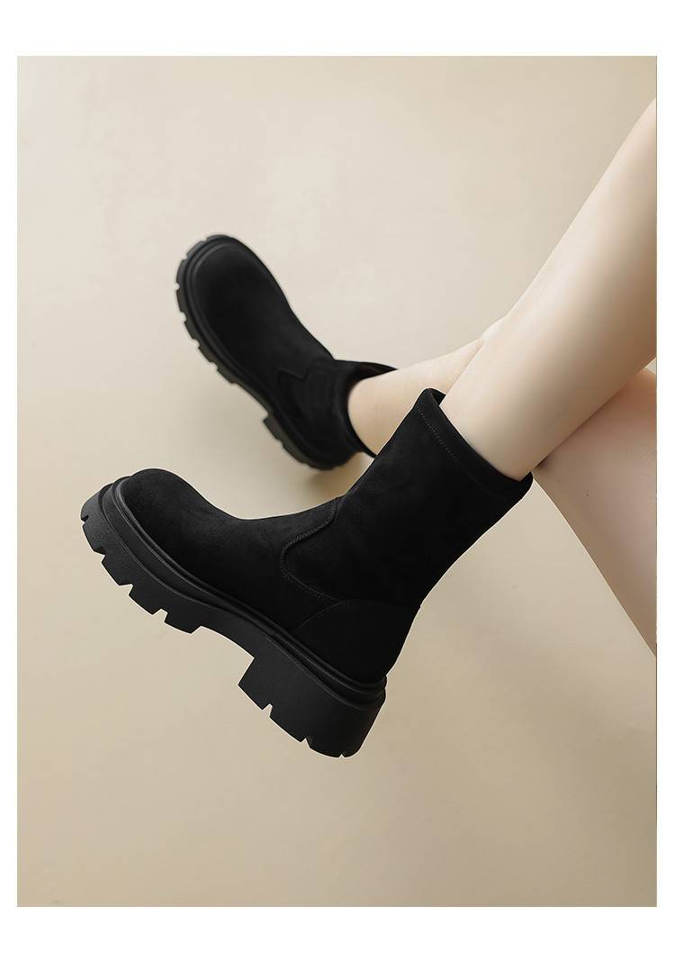 Cameido Botas cortas elásticas de ante para mujer con suela gruesa que realza, botas adelgazantes_voghion.com