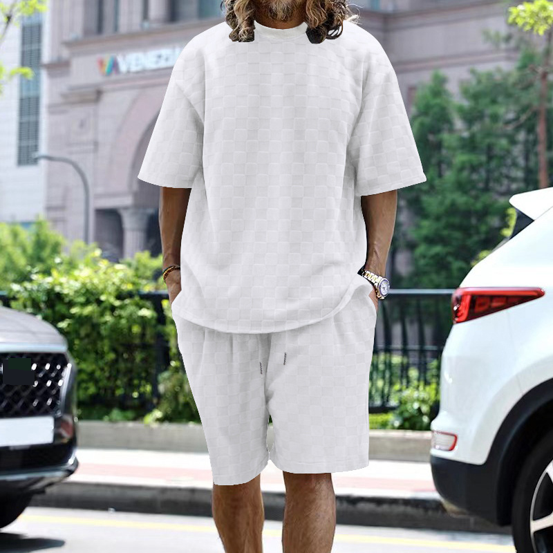2025 NEUE Sommer Handtuch Plaid Crew Männer Hals Kurzarm Top Und Shorts Mode Lässig Übergröße männer Kurzarm Shorts Anzug_voghion.com
