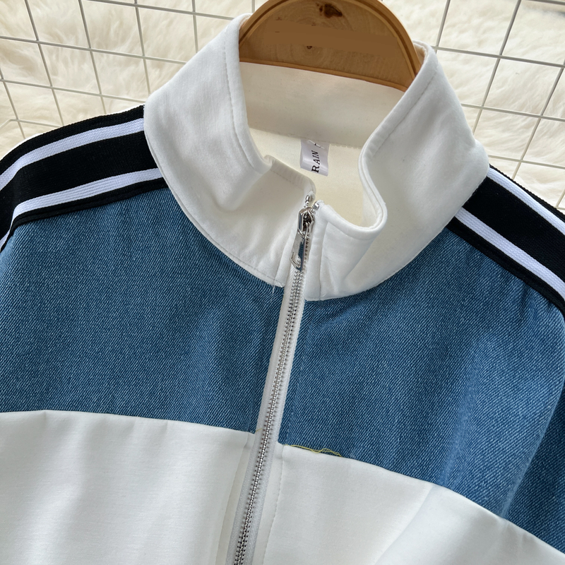 Damenbekleidung Modeanzug für Frauen Kordelzug Taille Kurze Kontrastfarbe Stehkragen Hohe Taille Denim Weite Beinhose_voghion.com