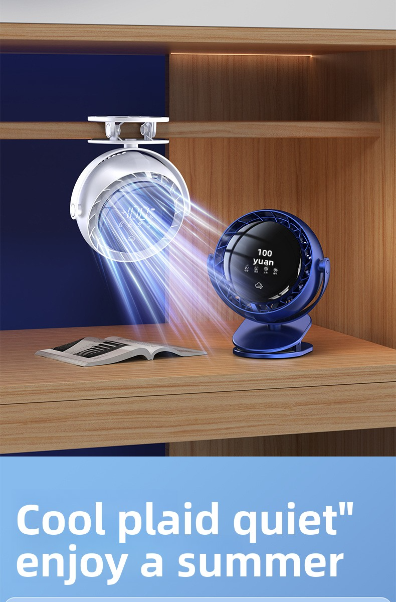 Ventilatore da scrivania Clip - Ricaricabile tramite USB e ultra silenzioso (25 dB) per ufficio/dormitorio/comodino con morsetto regolabile a 90°_voghion.com