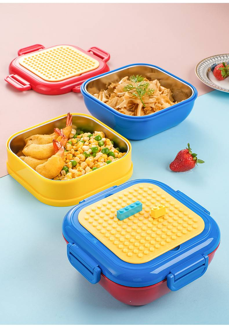 Creative Building Blocks Insulated Lunch Box With Spoon - 304 Stainless Steel, Leak-Proof, Microwave Safe, Bento Box For Kids & Adults_voghion.com