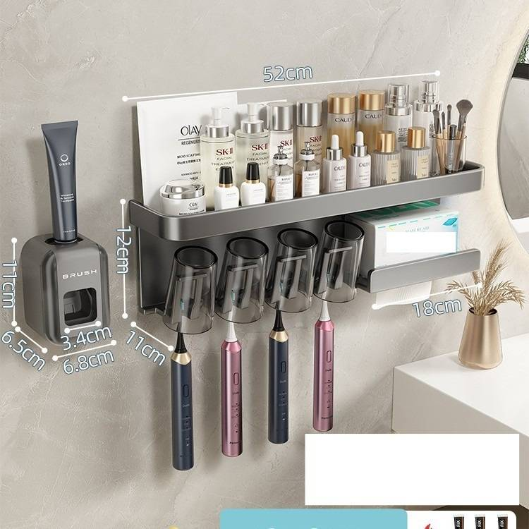 Gun Grey Wall-Mounted Toothbrush Holder With Detachable Toothpaste Squeezer & Matching Cups - Space-Saving Bathroom Organizer For Family Of 2/3/4_voghion.com