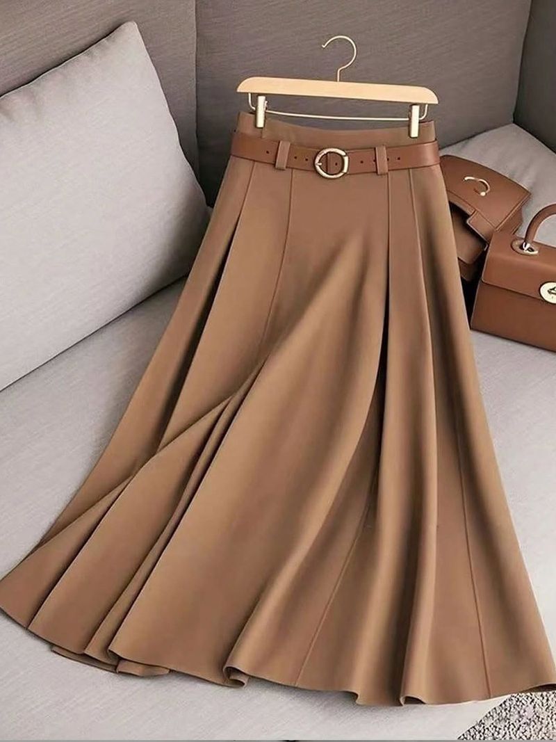 Eleganter, einfarbiger, plissierter Midirock mit Gürtel für Damen – bequem und stilvoll für Arbeit und Freizeit – Polyester- und Spandex-Mischgewebe – S/M/L/XL_voghion.com