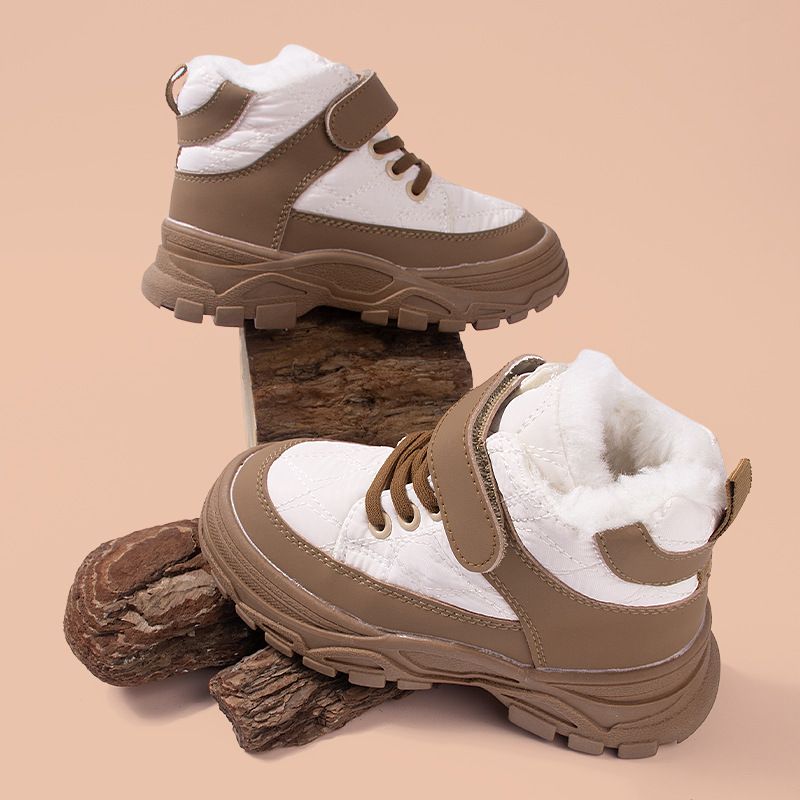 Kids' Fleece-Lined Winter Boots – Warm PVC Snow Boots With Velcro & Non-Slip Sole (Sizes 26-32, Black/Beige)_voghion.com