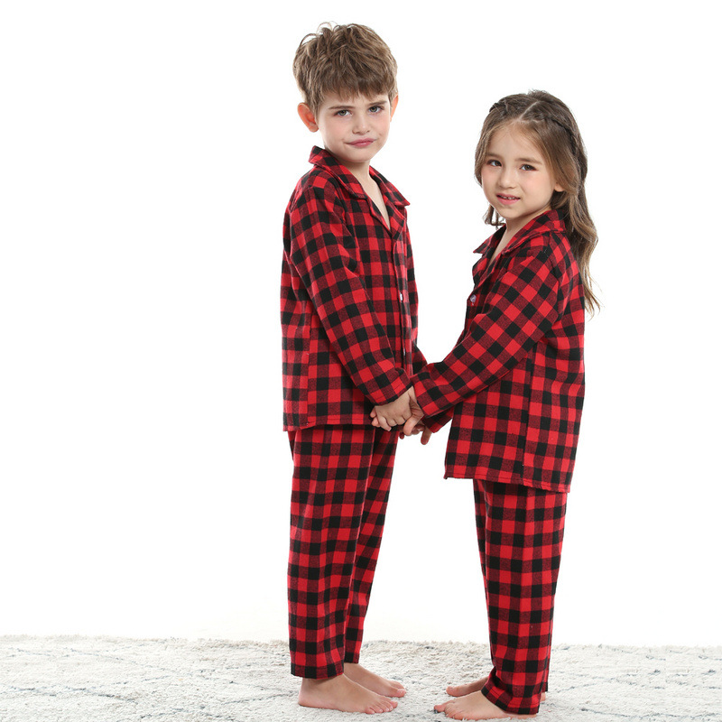 Autumn And Winter Homewear Children's Spring And Autumn Lapel Single-breasted Plaid Long-sleeved Pajamas Set_voghion.com