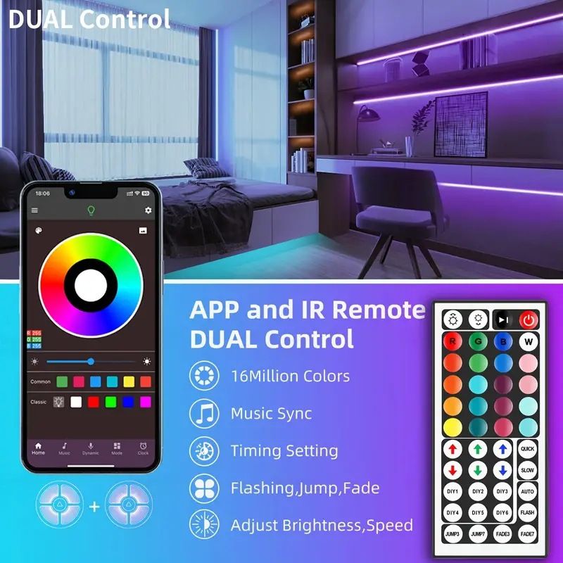 5050 RGB LED-strips met Bluetooth Smart Control, zelfklevende achterkant, 16 miljoen kleuren, sfeerverlichting voor thuis, tv-achtergrondverlichting, feestdecoratie_voghion.com