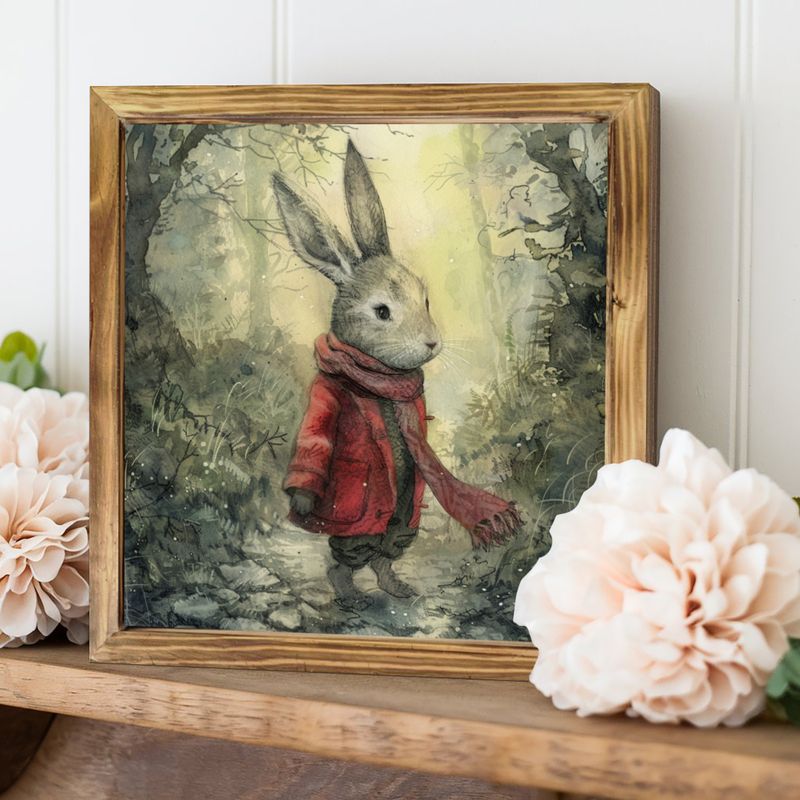 Charmig kanin i röd rock, vintage träinramad väggkonst - perfekt för bondgårdsinredning, vardagsrum, entré och sovrum - perfekt påskpresent, 20x20 cm_voghion.com