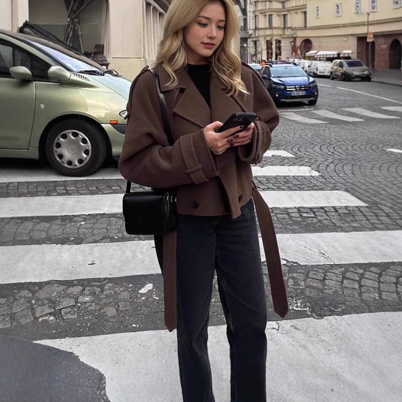 Abrigo largo de mezcla de lana para mujer: abrigo de invierno clásico estilo gabardina con solapa de muesca y diseño cruzado._voghion.com