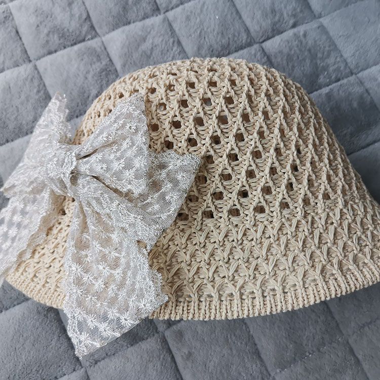 Cappello da pescatore in paglia con fiocco in pizzo estivo, cappello da sole per bambini_voghion.com