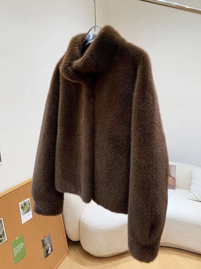 Damenbekleidung Stehkragen Kurzer Nerzsamt Damen Kunstsamt Nerzpelzmantel Kurzer Stehkragen Winter Umweltfreundliche Kunstpelzjacke_voghion.com