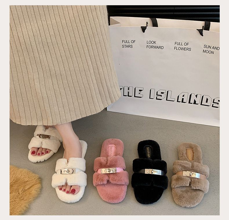 Chaussons poilus pour femmes, automne-hiver 2025, pantoufles d'extérieur en peluche à semelle plate en forme de H, pantoufles à semelle plate_voghion.com