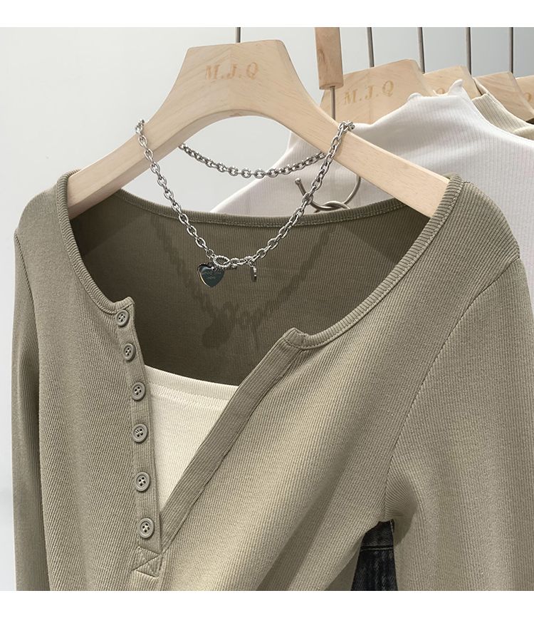 Bildkollisioun Faarf zwee laangärmlech T-Shirten fir Dammen Hierscht 2023 neien Design, Nisch V-Ausschnëtt kuerzen Top_voghion.com