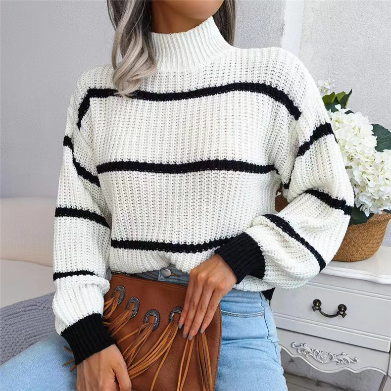 Suéter feminino casual listrado com manga lanterna e meia gola alta_voghion.com