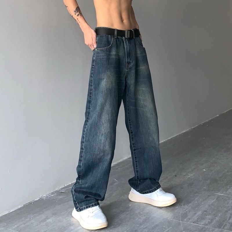 Gadebrede, afslappede og alsidige, løse, lige ben, vaskede denim-dadbukser til mænd og kvinder_voghion.com