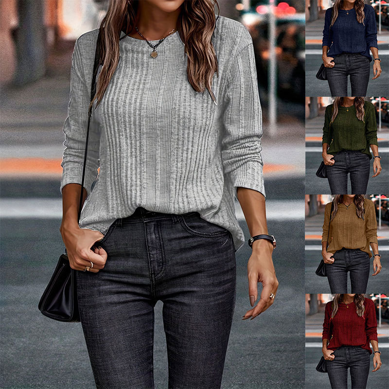 T-shirt casual da donna a maniche lunghe calda tinta unita_voghion.com