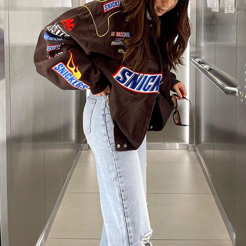 Giacca casual a maniche lunghe con stampa a blocchi di colore, stile motociclista, da donna, internazionale_voghion.com
