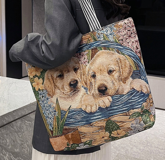 Gloednieuwe, geborduurde canvas enkele schouder modieuze schattige Kitty Dog eenvoudige damestas met grote capaciteit_voghion.com