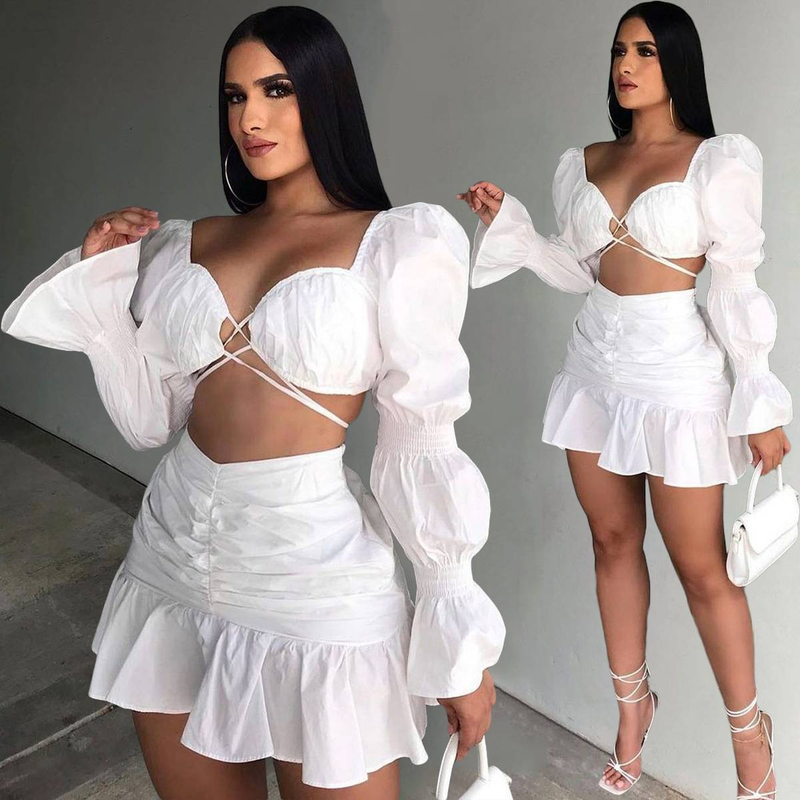 Ensemble 2 pièces sexy pour femme, tenue de festival, haut court à manches bouffantes et mini-jupe à volants, tenue de club, tenue de soirée assortie_voghion.com