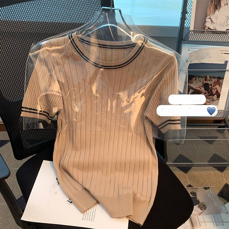 Maglietta a maniche corte con scollo rotondo e piccolo fresco e cavo da donna, maglietta da donna estiva, maglione lavorato a maglia in seta ghiacciata sottile_voghion.com