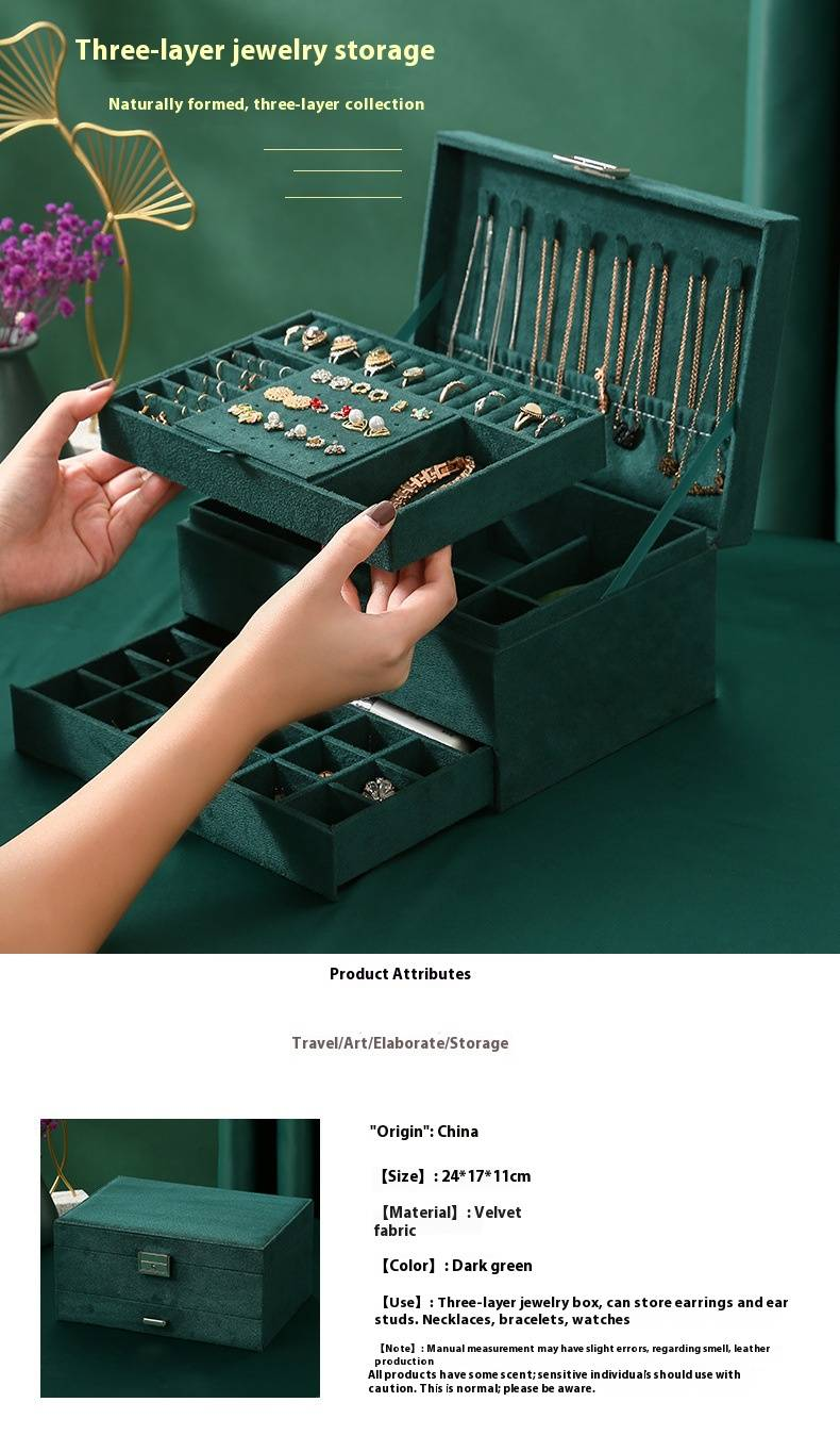 Scatola portagioie in velluto con cassetto chiudibile a chiave a tre strati, scatola portagioie per orecchini, scatola portagioie, scatola portagioie per braccialetti_voghion.com