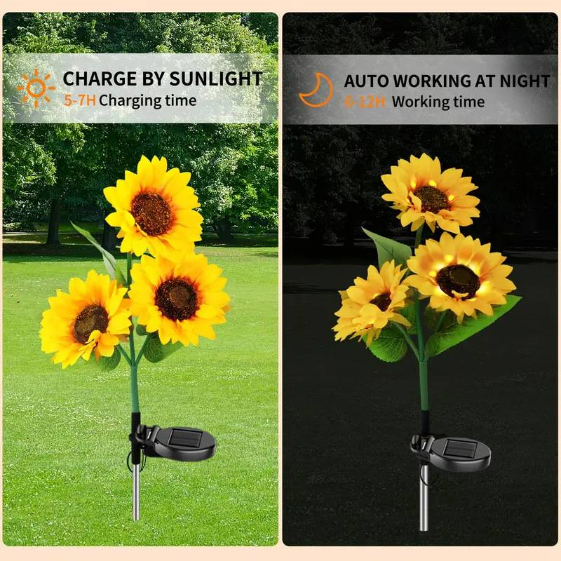 Luci solari da giardino - Decorazione da esterno a LED con girasole e lucciola, IP65 impermeabile, bianco caldo (confezione da 2, 20 LED, autonomia 8 ore)_voghion.com