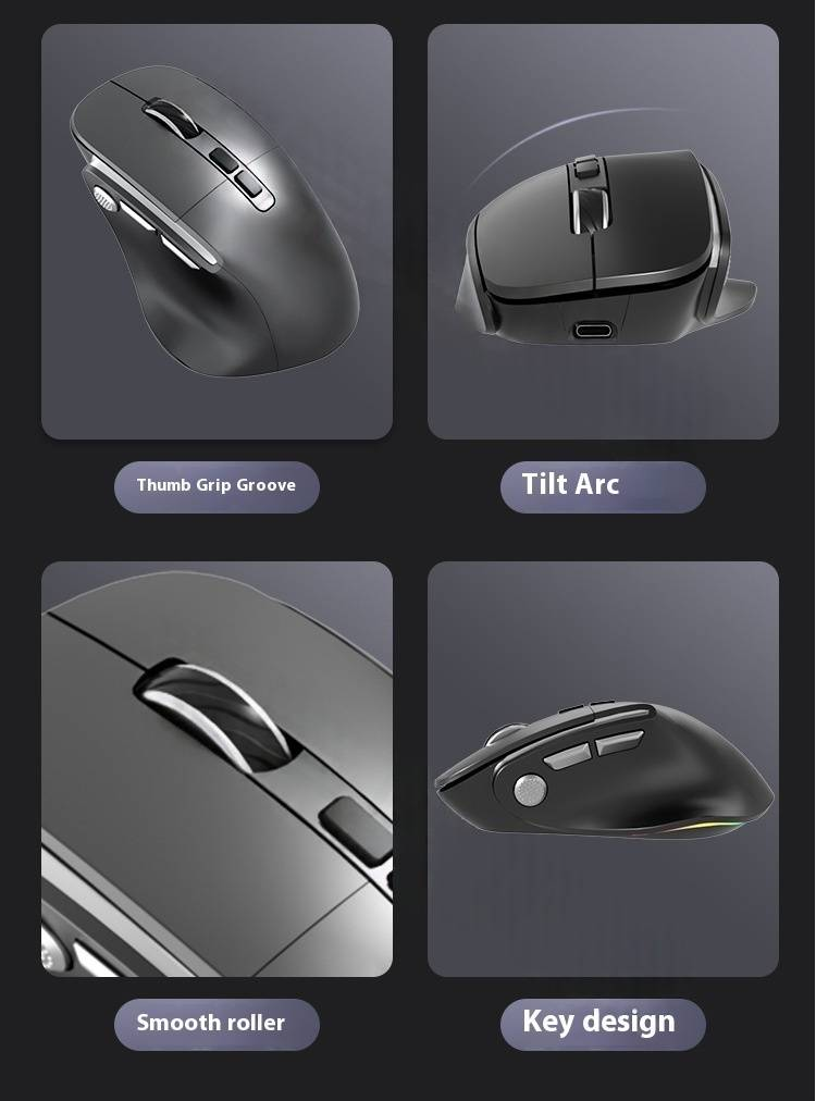 Ratón inalámbrico ergonómico y silencioso, 2,4 GHz + Bluetooth, 8 botones, 2400 DPI, desplazamiento en 4 direcciones, recargable, para portátil/PC_voghion.com
