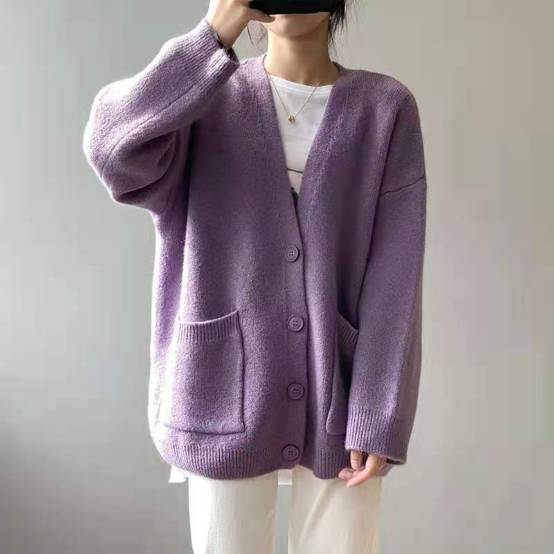 Cardigan en tricot surdimensionné à col en V pour femme, coupe ample, couleur unie, boutonné, décontracté_voghion.com