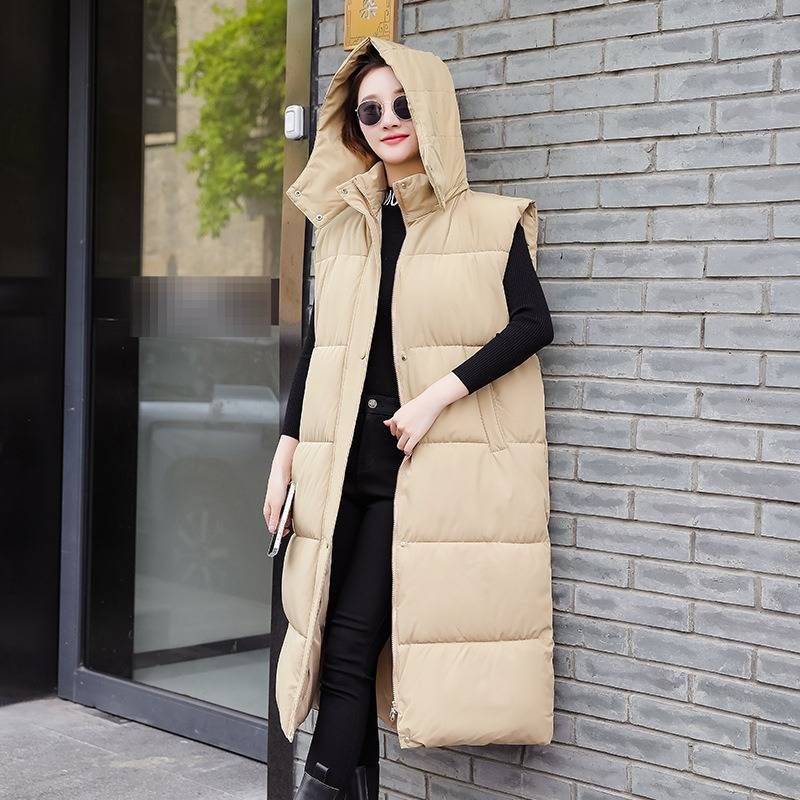 Gilet long à capuche et ceinture pour femme, veste matelassée légère, coupe ample et décontractée pour l'hiver, noir/blanc/kaki_voghion.com