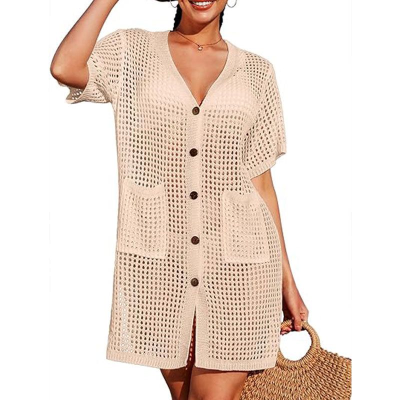 Strandüberzug aus Spitze und Strick mit kurzen Ärmeln für Damen – leichtes, sonnenschützendes Bademoden-Überkleid für Urlaub, Pool und Sommerausflüge_voghion.com