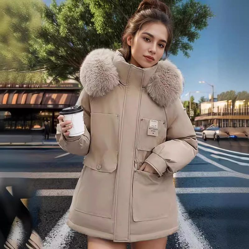 Dammekleeder Parka Damen Taille Ofschlankend Kapuzen groussen Pelzkragen plus Samt Kottengjacke Kottengmantel_voghion.com