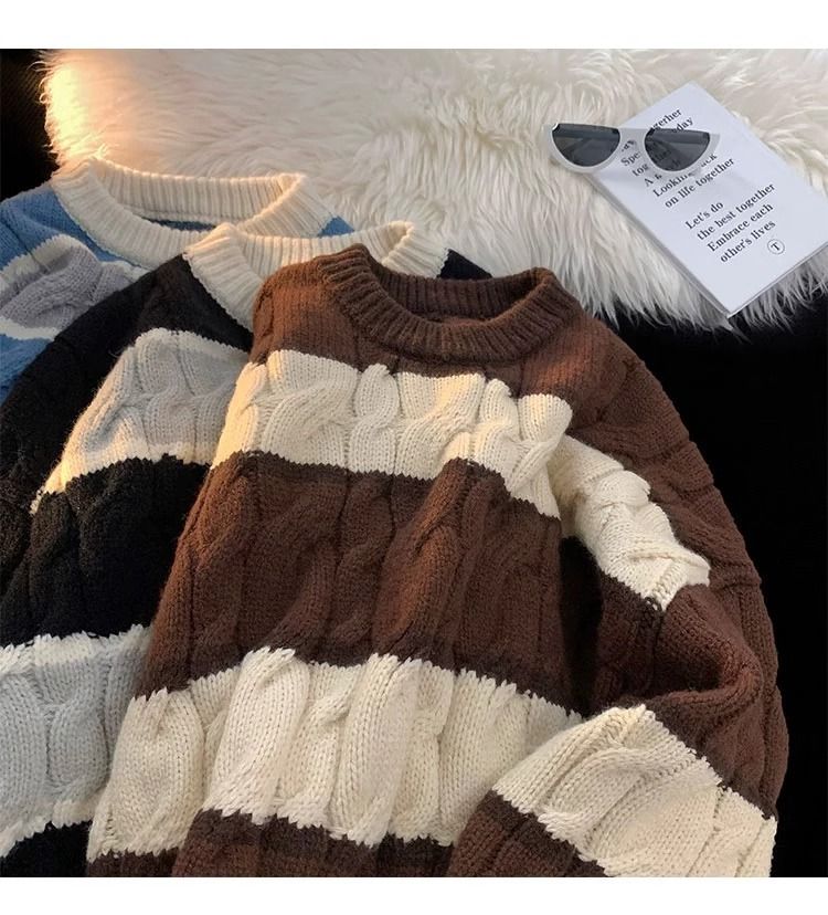 Gestreepte gebreide herentrui – dikke trui met ronde hals van katoenmix (bruin/blauw/zwart, M-XXXL)_voghion.com