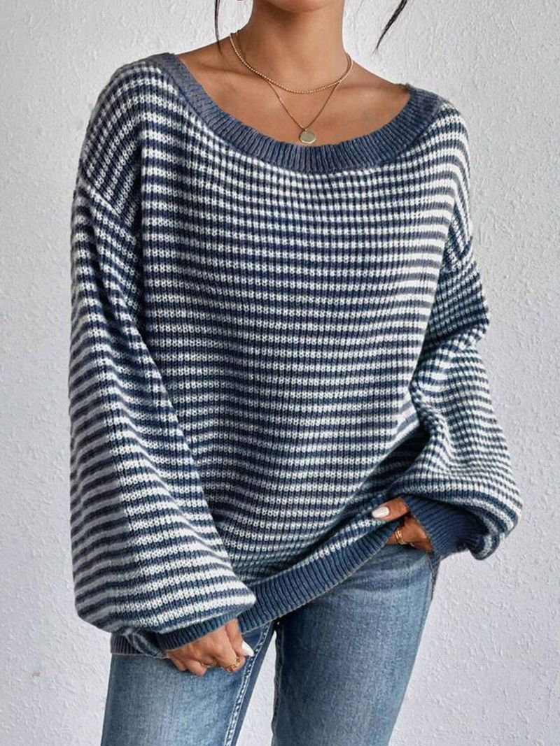 Women's Oversized Batwing Sleeve Striped Knit Sweater - Off-Shoulder Casual Pullover With Color Blocking, Comfortable & Stylish For Fall_voghion.com