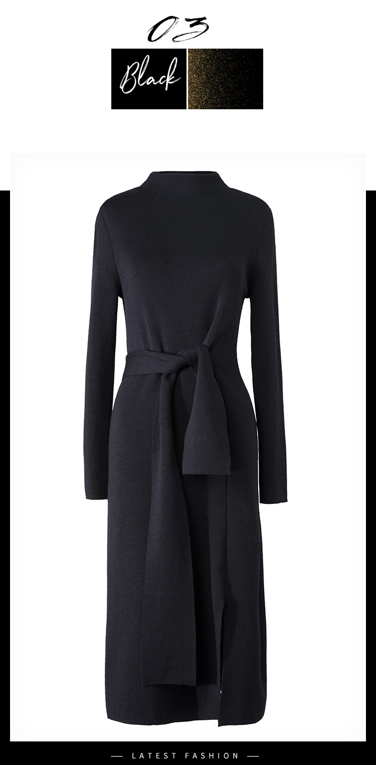 Halbhoher Kragen, Wollstrickkleid für Damen, Herbst und Winter, mittellange Krawatte, eleganter Taillenschlitz, Rot_voghion.com