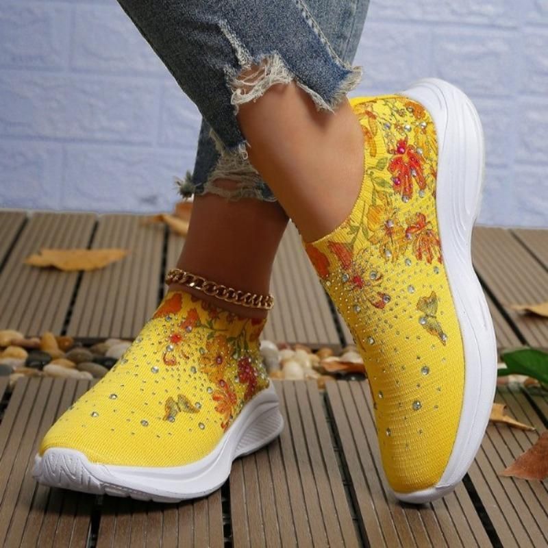Sneakers slip-on da donna CMY con decorazioni in strass e stampa floreale e a farfalla - Scarpe da corsa traspiranti in maglia_voghion.com