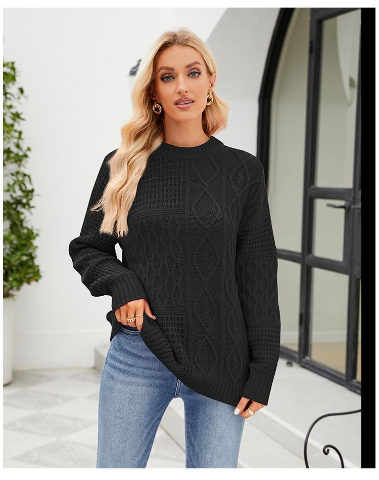 Maglione casual, maglione a collo alto, motivo zebrato a contrasto, maniche a palloncino, maglia larga_voghion.com