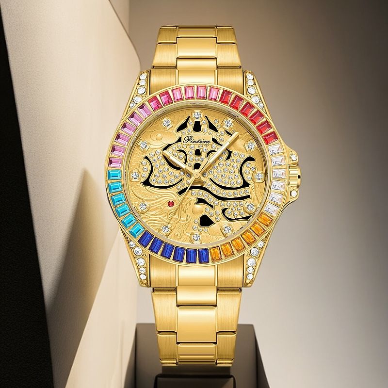 New Fashionable Colored Dragon Full Inlaid Diamond Dial for Men's Business, Non Mechanical Transparent Luminous_voghion.com