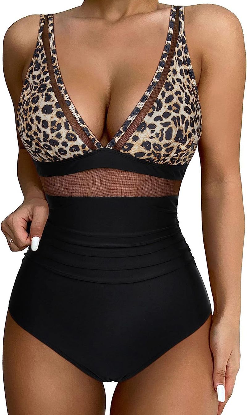 Einteiliger Badeanzug für Damen mit sexy, ausgehöhltem Netzstoff, tiefem V-Ausschnitt und geraffter Perspektive_voghion.com