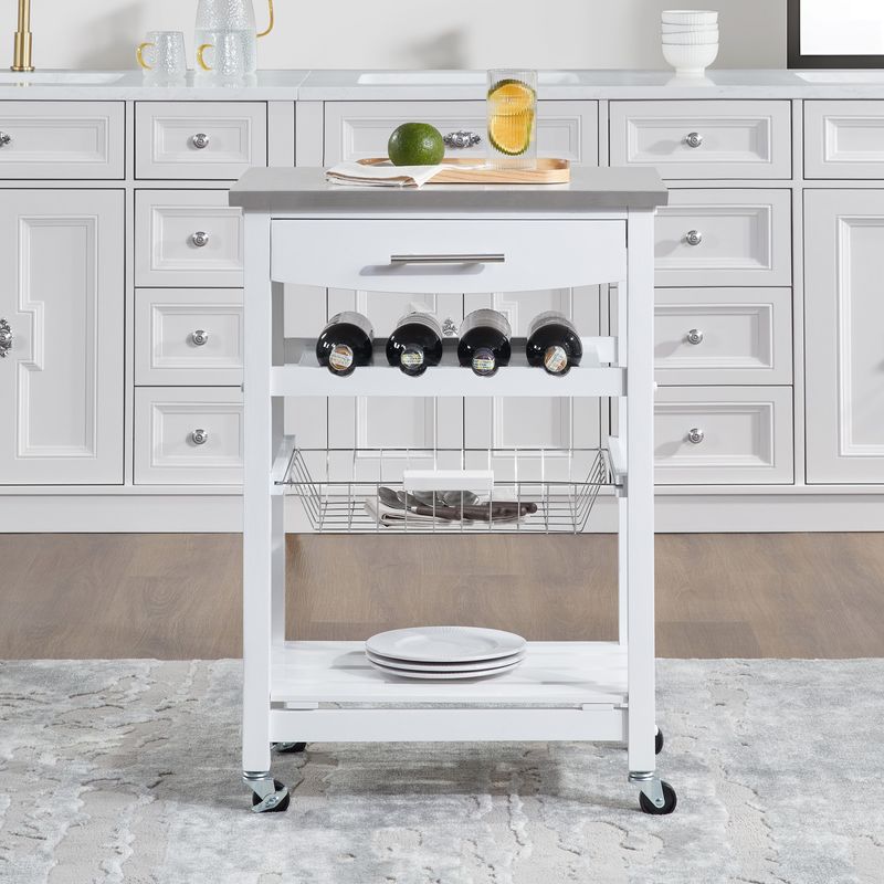 Mobile Rolling Kitchen Island Trolley Serving Cart With Underneath Drawer & Slide-Out Wire Storage Basket_voghion.com