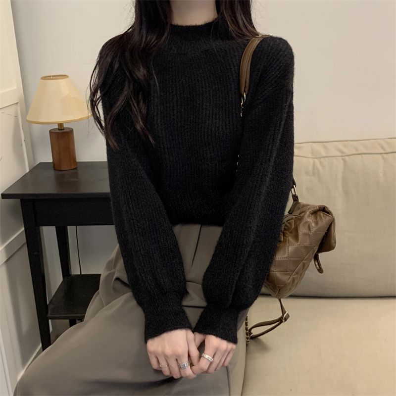 Pull tricoté abricot d'automne pour femme, col rond, manches lanternes, base épaisse, haut ajusté_voghion.com
